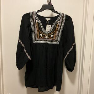 Max Studio Blouse Black with white, red yellow trim size XL
